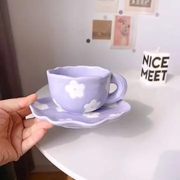 Noviko Purple Flower Mug and Saucer Set for Gifts
