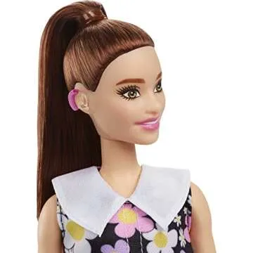 Barbie Fashionistas Doll #187 with Behind-the-Ear Hearing Aids, Brunette Ponytail, Shift Dress & Pink Boots