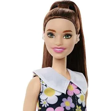 Barbie Fashionistas Doll #187 with Behind-the-Ear Hearing Aids, Brunette Ponytail, Shift Dress & Pink Boots