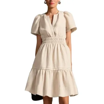 Duigluw Women Summer Casual Dress V Neck Short Sleeve Swing Tunic Dress A Line Beach Mini Ruffle Dre...