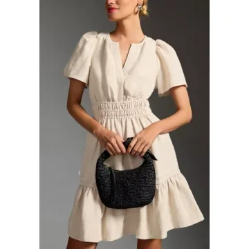 Duigluw Women Summer Casual Dress V Neck Short Sleeve Swing Tunic Dress A Line Beach Mini Ruffle Dresses Lvory L