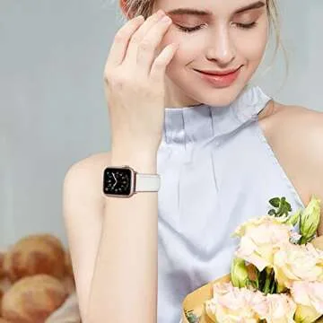 OMIU Square Bands Compatible with Apple Watch Band 38mm 40mm 41mm 42mm 44mm 45mm 49mm, Genuine Leather Wristband Starp for iWatch SE SE2 Series 9 8 7 6 5 4 3 2 1 Ultra for Women Men(Ivory White/Rose Gold)