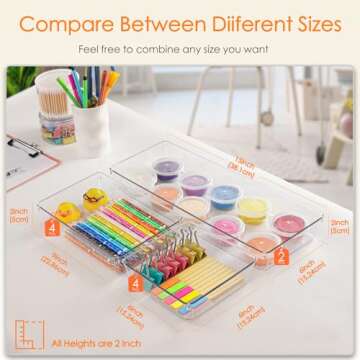 Criusia Drawer Organizer, 10 Pack Large Clear Plastic Kitchen Drawer Organizers Set, 3 Size Versatile Bathroom and Vanity Drawer Organizer Trays, Storage Bins for Makeup, Bedroom, Kitchen Utensils