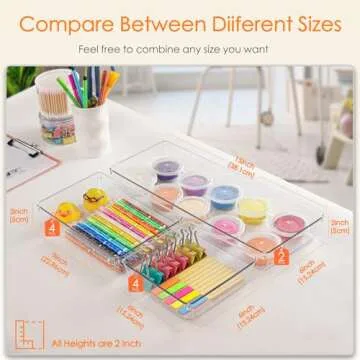 Criusia Drawer Organizer, 10 Pack Large Clear Plastic Kitchen Drawer Organizers Set, 3 Size Versatile Bathroom and Vanity Drawer Organizer Trays, Storage Bins for Makeup, Bedroom, Kitchen Utensils
