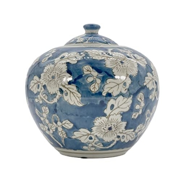 Galt International 8" Blue and White Floral Chinoiserie Jar w/Lid Decorative Ginger Jar Centerpiece ...