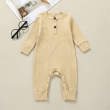 Kuriozud Newborn Infant Unisex Baby Boy Girl Button Solid Romper Bodysuit One Piece Jumpsuit Outfits Clothes (Long Sleeve one Piece Apricot, 6-9 Months)