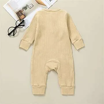 Kuriozud Newborn Infant Unisex Baby Boy Girl Button Solid Romper Bodysuit One Piece Jumpsuit Outfits Clothes (Long Sleeve one Piece Apricot, 6-9 Months)