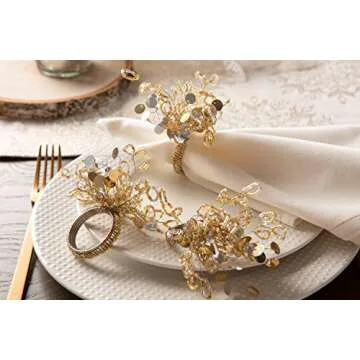 DII Christmas Thanksgiving Holiday Tabletop Décor Collection Decorative Napkin Ring Holder Set, 1.5" Diameter, Gold Beaded Sparkle, 6 Piece