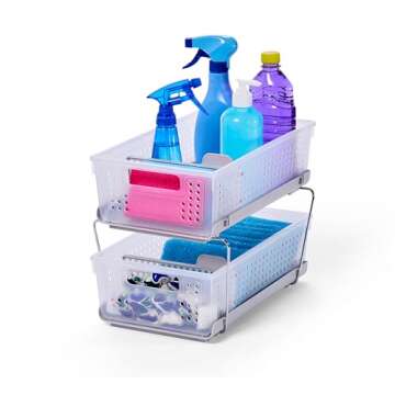 madesmart Stackable 2-Tier Organizer, 2 Pack, Multi-Purpose Slide-Out Storage with Extra Set of Legs, Handles and Dividers for Home and Bath, BPA Free, Frost 2 PACK