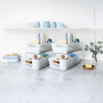 madesmart Stackable 2-Tier Organizer, 2 Pack, Multi-Purpose Slide-Out Storage with Extra Set of Legs, Handles and Dividers for Home and Bath, BPA Free, Frost 2 PACK