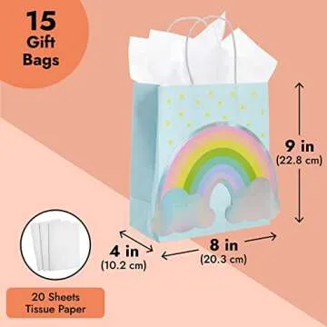 BLUE PANDA 15-Pack Rainbow Gift Bags with Handles and 20 White Tissue Paper Sheets, Medium-Size Goodie Bags For Baby Shower, Birthday Party Favors (8x 9x 4 Inches, Blue, Kraft Paper)