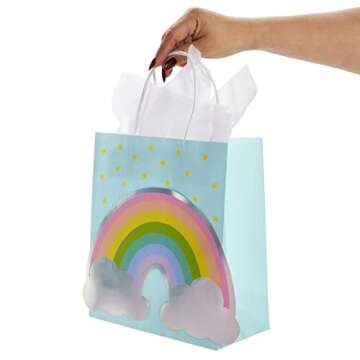 BLUE PANDA 15-Pack Rainbow Gift Bags with Handles and 20 White Tissue Paper Sheets, Medium-Size Goodie Bags For Baby Shower, Birthday Party Favors (8x 9x 4 Inches, Blue, Kraft Paper)