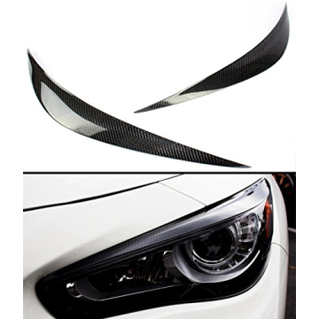 JDM Black Real Carbon Fiber Left + Right Headlight Eyelids Cover Compatible for 2014-2022 Infiniti Q...