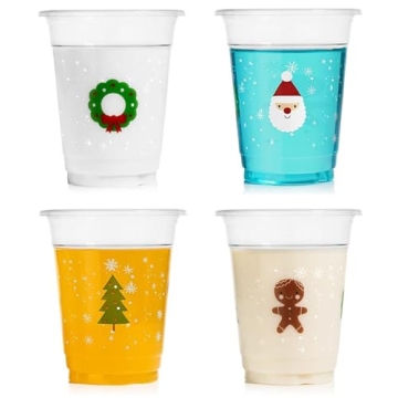 Gift Boutique 50 Pack Disposable Plastic Christmas Cups - Santa, Tree, Wreath & Gingerbread Designs ...