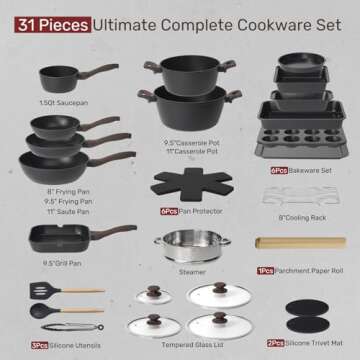 Kikcoin 31 Pcs Kitchen Cookware Set, Non Stick Pots and Pans Set Bakeware Set Nonstick Cooking Set w...