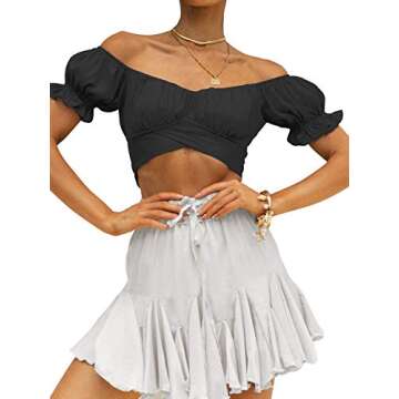 LYANER Women's Ruffle Short Sleeve Tie Up Back Crop Top Off Shoulder Bardot Blouse Black Medium