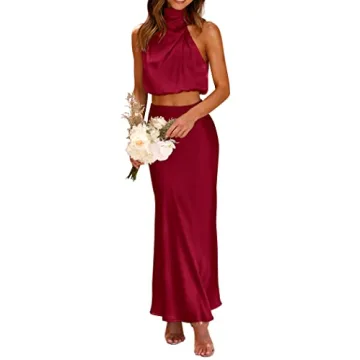PRETTYGARDEN Women's 2 Piece Satin Outfits Summer Sleeveless Mock Neck Crop Tops and Long Skirt Dres...
