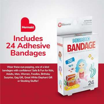 BioSwiss Bandages, Mermaid Shaped Self Adhesive Bandage, Latex Free Sterile Wound Care, Fun First Ai...