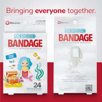 BioSwiss Bandages, Mermaid Shaped Self Adhesive Bandage, Latex Free Sterile Wound Care, Fun First Aid Kit Supplies for Kids, 24 Count