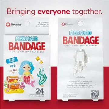 BioSwiss Bandages, Mermaid Shaped Self Adhesive Bandage, Latex Free Sterile Wound Care, Fun First Aid Kit Supplies for Kids, 24 Count
