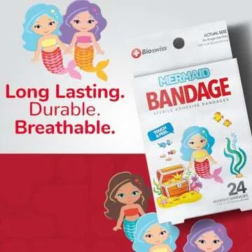 BioSwiss Bandages, Mermaid Shaped Self Adhesive Bandage, Latex Free Sterile Wound Care, Fun First Aid Kit Supplies for Kids, 24 Count