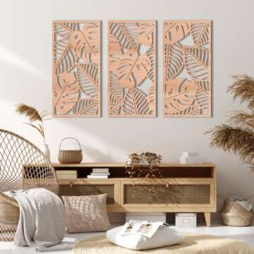 IARTTOP Boho Tropical Leaf Wooden Art Decor,3 Pcs Abstract Leaves Wall Art Living Room Decor, Minima...