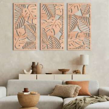 IARTTOP Boho Tropical Leaf Wooden Art Decor,3 Pcs Abstract Leaves Wall Art Living Room Decor, Minimalist Palm Leaves Plant Wall Sculptures for Bedroom Home Decoration 15.9" X 32"