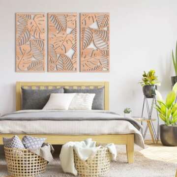 IARTTOP Boho Tropical Leaf Wooden Art Decor,3 Pcs Abstract Leaves Wall Art Living Room Decor, Minimalist Palm Leaves Plant Wall Sculptures for Bedroom Home Decoration 15.9" X 32"