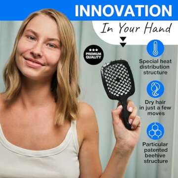 Janeke Original Patented Superbrush Detangler Brush Anti-static Hairbrush Easy For Wet or Dry Use Flexible with Nylon Bristle Great for All Hair Types - Long Thick Curly (Black)