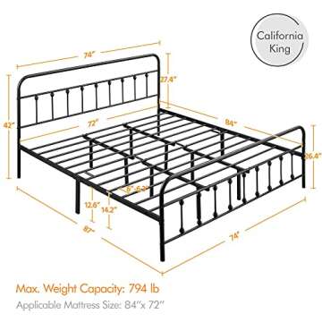 Yaheetech Classic Metal Platform Bed Frame Mattress Foundation with Victorian Style Iron-Art Headboa...