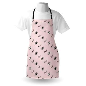 Ambesonne Eyelash Apron, Doodle Style Open and Closed Eyes Hand Drawn Sketch Abstract Design, Unisex Kitchen Bib with Adjustable Neck for Cooking Gardening, Adult Size, White Black