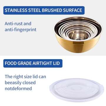 Onlycooker Gold Mixing Bowls With Airtight Lids,Stainless Steel Bowl,Salad Bowls 7 Piece Colorful Nesting Bowl Rainbow Kitchen Accessories,Size 7,3.6,2.7,2.1,1.5,1.1,0.8QT Stackable Design