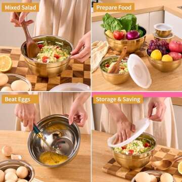 Onlycooker Gold Mixing Bowls With Airtight Lids,Stainless Steel Bowl,Salad Bowls 7 Piece Colorful Nesting Bowl Rainbow Kitchen Accessories,Size 7,3.6,2.7,2.1,1.5,1.1,0.8QT Stackable Design