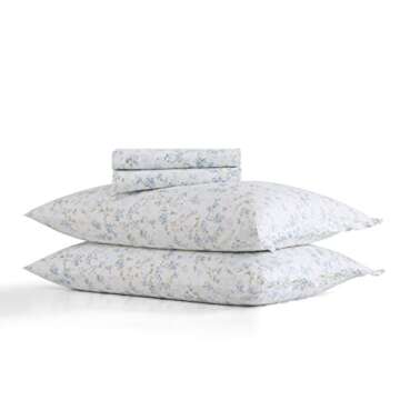 Shabby Chic® - King Sheets, Soft & Breathable Organic Cotton Bedding Set, Floral Home Decor with Ruffled Pillowcases (Ella Blue, King)