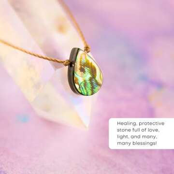 SoulKu Handcrafted Necklace, Empowerment Jewelry With Healing Crystal, Inspirational Jewelry For Women, Mom & Sister Gifts, 2" Extender With Lobster Clasp, 16" Nylon Cord (Blessings, Abalone)