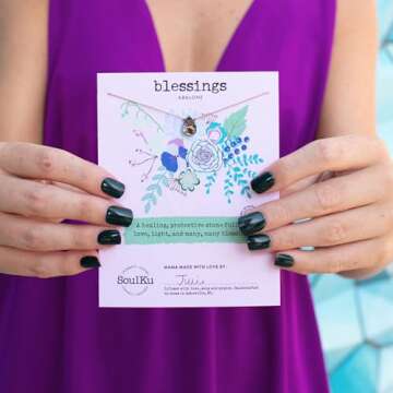 SoulKu Handcrafted Necklace, Empowerment Jewelry With Healing Crystal, Inspirational Jewelry For Women, Mom & Sister Gifts, 2" Extender With Lobster Clasp, 16" Nylon Cord (Blessings, Abalone)