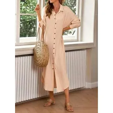 Dokotoo Women Elegant Casual Summer Spring Button Down Front Long Sleeve Maxi Dress Long Cardigan Cover Ups Shirt Dresses