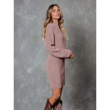LILLUSORY Women's Mock Neck Trendy Casual Long Sleeve Winter Sweater Dress Ribbed Knit 2023 Fall Fashion Outfits Clothes 2 Two Piece Skirt Sets Bodycon Mini Sweaters Dusty Pink