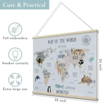 Embroidered World Map Poster for Kids Room Decor
