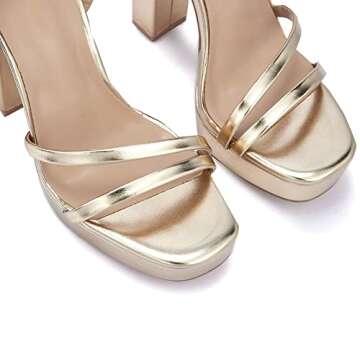 GENSHUO Women's Platform Chunky High Heels Square Toe Ankle Strap Heel Sandals Strappy Wedding Party Dress shoes Gold Size 7 US