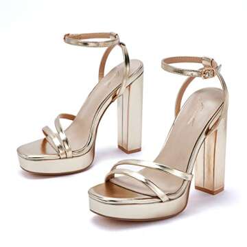 GENSHUO Women's Platform Chunky High Heels Square Toe Ankle Strap Heel Sandals Strappy Wedding Party Dress shoes Gold Size 7 US