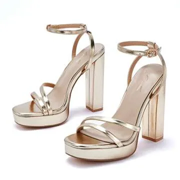 GENSHUO Women's Platform Chunky High Heels Square Toe Ankle Strap Heel Sandals Strappy Wedding Party Dress shoes Gold Size 7 US