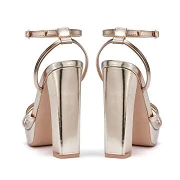 GENSHUO Women's Platform Chunky High Heels Square Toe Ankle Strap Heel Sandals Strappy Wedding Party Dress shoes Gold Size 7 US