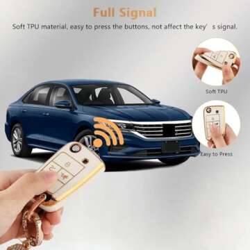 PIFOOG Key Fob Cover for Volkswagen VW Accessories Soft TPU Car Keys Shell Case Full Protection Bling Chain Landyard Fit VW Tiguan Golf GTI Altas Jetta White Gold