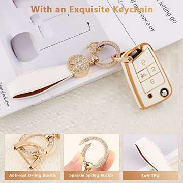 PIFOOG Key Fob Cover for Volkswagen VW Accessories Soft TPU Car Keys Shell Case Full Protection Bling Chain Landyard Fit VW Tiguan Golf GTI Altas Jetta White Gold