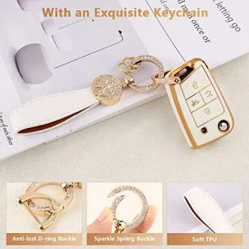PIFOOG Key Fob Cover for Volkswagen VW Accessories Soft TPU Car Keys Shell Case Full Protection Bling Chain Landyard Fit VW Tiguan Golf GTI Altas Jetta White Gold