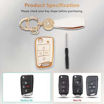 PIFOOG Key Fob Cover for Volkswagen VW Accessories Soft TPU Car Keys Shell Case Full Protection Bling Chain Landyard Fit VW Tiguan Golf GTI Altas Jetta White Gold