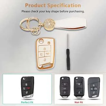PIFOOG Key Fob Cover for Volkswagen VW Accessories Soft TPU Car Keys Shell Case Full Protection Bling Chain Landyard Fit VW Tiguan Golf GTI Altas Jetta White Gold