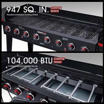 Royal Gourmet GB8003 8-Burner Propane Gas Grill with Foldable Side Tables, Large Propane BBQ Grill with Porcelain-Enameled Steel Wire Grates for Outdoor Party or Backyard Grilling, Black