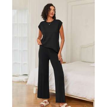 Ekouaer Lounge Sets for Women Two Piece Outfits Knit Cap Sleeve Tops Wide Leg Pleated Pants Casual D...